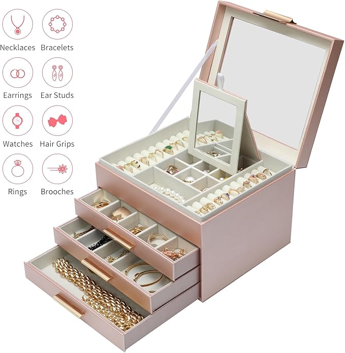 BOOVO Clear Lid Jewelry Box,3 Layers Jewelry Organizer Large Jewelry Storage Box with 2 Drawers,Jewelry Holder Organzier of R
