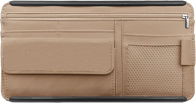 Car Sun Visor Storage Bag, Soft Leather Surface Organizer, Scratch-Resistant Auto Sunshade Organizer Bag, Can Store ID Card, Eyeglasses, Pen, Driving License etc (Beige)