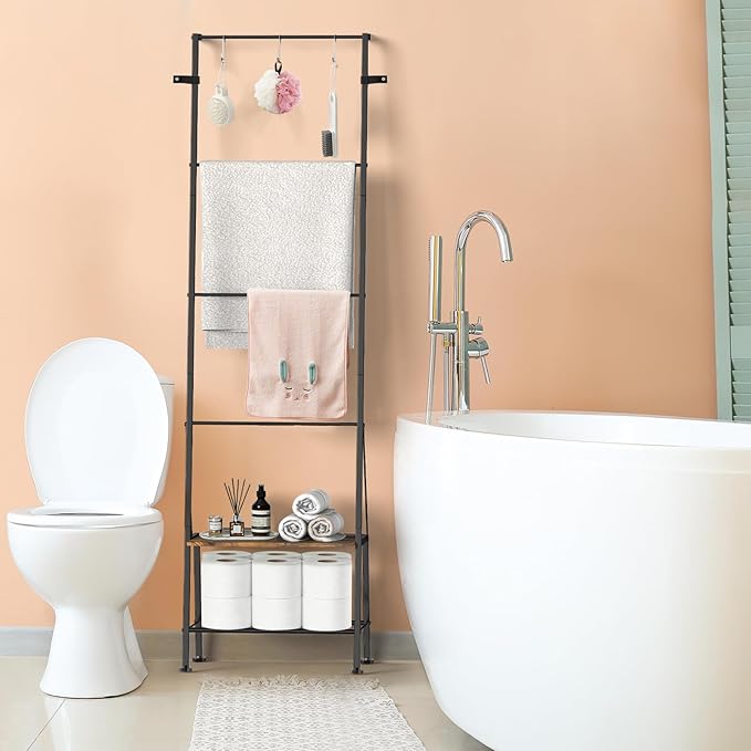 Blanket Ladder with Shelf - Blanket Rack Freestanding, Standing Towel Rack for Bathroom Living Room Bedroom, Blanket Holder w