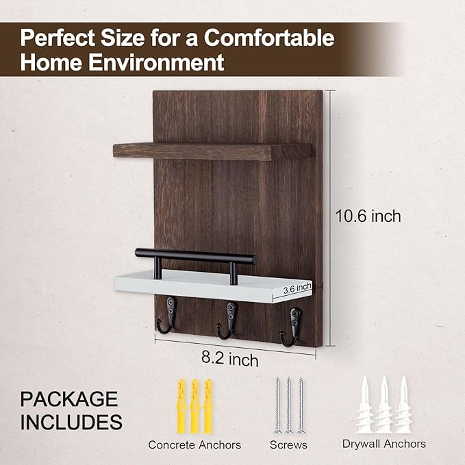 Key Holder Wall Mount, Key Holder With 2 Display Shelf, 3 Hooks for Key, Coat, Dog Leash, Key Hanger with Hook for Mail, Pott