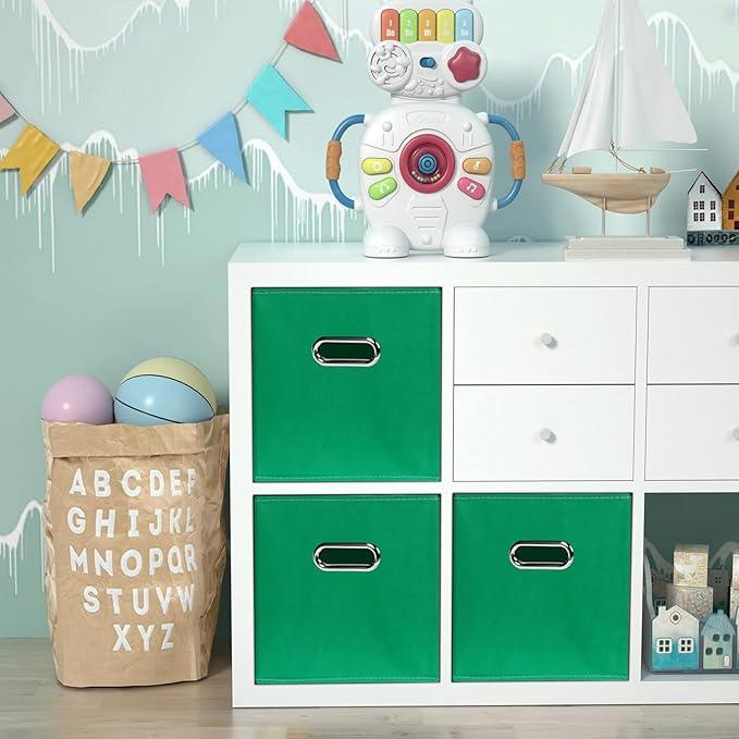 Green Foldable Storage Bins, 11x11x11, Set of 6, (Fabric Cube Organizer with Handle, for Cloth or Accessory Storage)