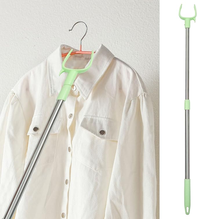 2pcs Closet Pole with Hook Telescoping Long Reach Stick Stainless Steel Clothing Hanger Garment Pole for Closet Shelf Ceiling