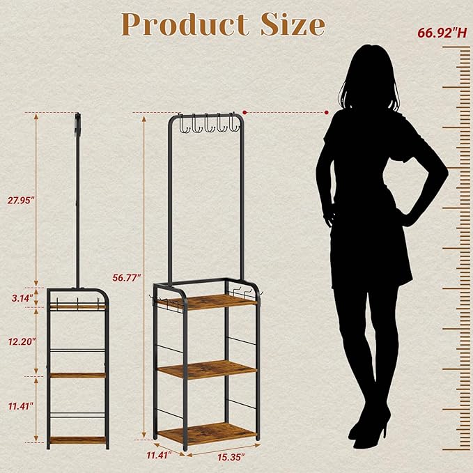 Floor-Standing Purse Organizer for Closet with 5 Hangers & 6 Side Hooks, Tall Purse Rack Stand for Purse Storage, High-Capaci