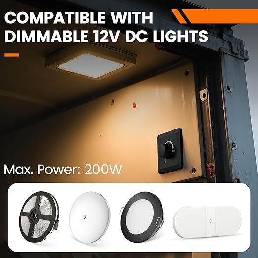 GZV 12V Dimmer Switch, 200W PWM Dimmer Switch - Adjustable Brightness for LED, Halogen, Incandescent & Strip Lights - Compatible with RV, Auto, Truck, Marine, Black
