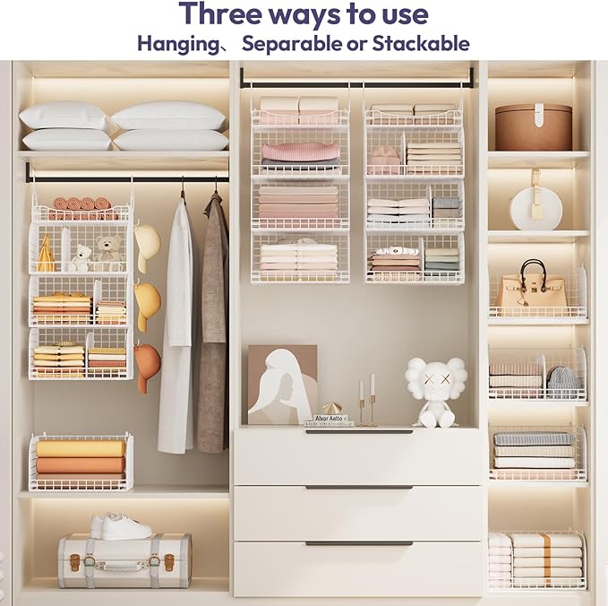SWTYMIKI Hanging Closet Organizer Storage - 4 Tier Metal Stackable Hanging Closet Shelves with Dividers and S Hooks, Foldable