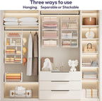 SWTYMIKI Hanging Closet Organizer Storage - 4 Tier Metal Stackable Hanging Closet Shelves with Dividers and S Hooks, Foldable