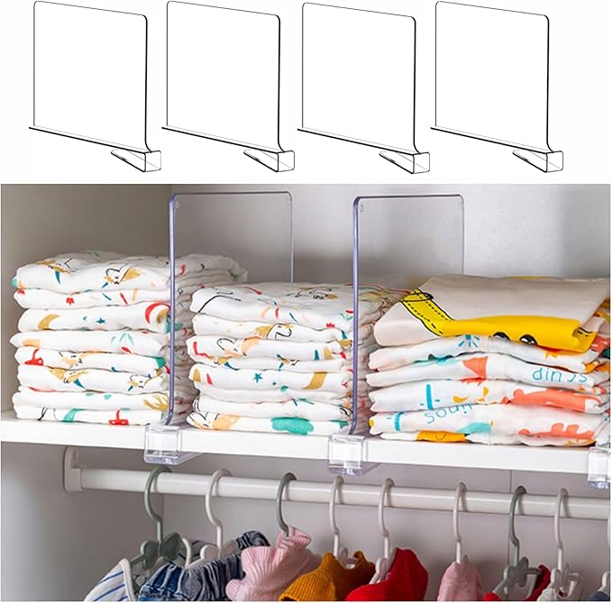 Yieach 4 Pack Clear Acrylic Shelf Divider for Closet Organization - 9.2″ Tall Closet Dividers for Wood Shelves,Cupboard,Verti