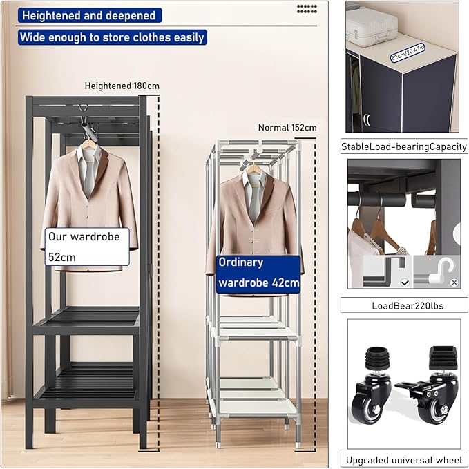 Heavy Duty Clothes Rack with Magnetic Door, Load 1500lbs, Foldable Portable Wardrobe Closet, Hanging Clothing metal Garment R