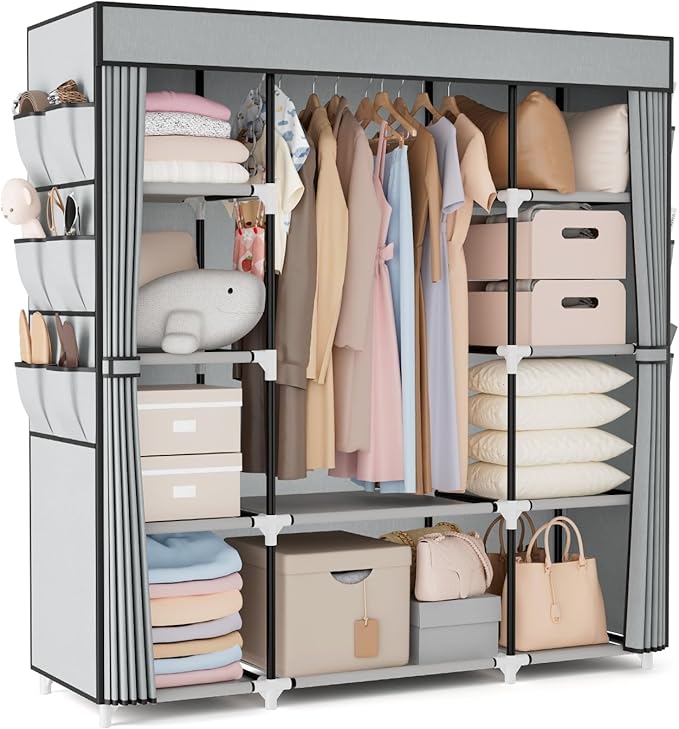 VTRIN Portable Closet Wardrobe for Hanging Clothes 57.3 Inch Large Capacity Clothes Rack with Cover, 10 Storage Organizer She
