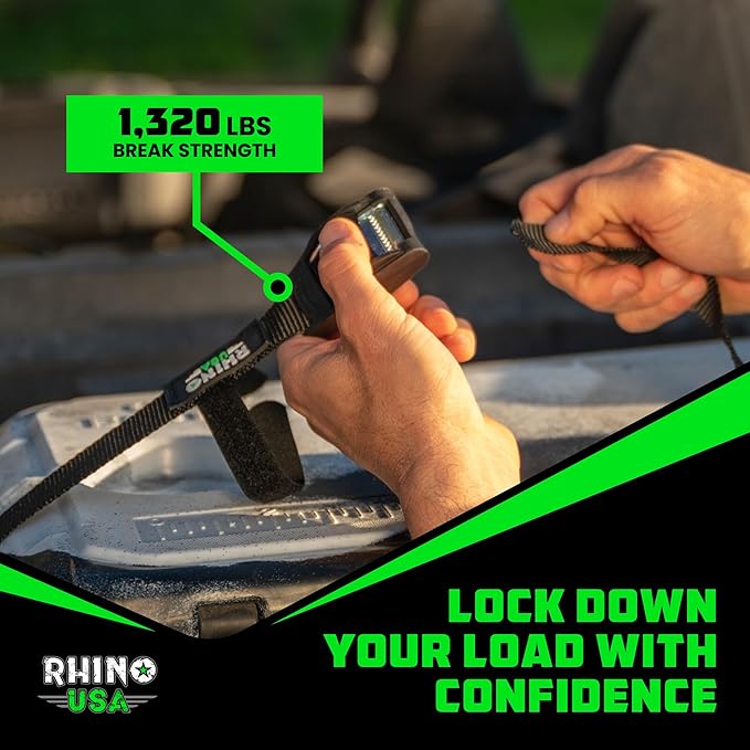 Rhino USA Lashing Straps Cargo Tie Downs (4PK) - 1,320lb lab Inspected Max Break Strength, Includes (4) Heavy Duty 1in x 12ft Cam Buckle Pull Straps. Best for Kayak, Cooler, Cargo