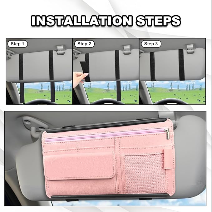 Car Sun Visor Storage Bag, Soft Leather Surface Organizer, Scratch-Resistant Auto Sunshade Organizer Bag, Can Store ID Card, Eyeglasses, Pen, Driving License etc (Pink)