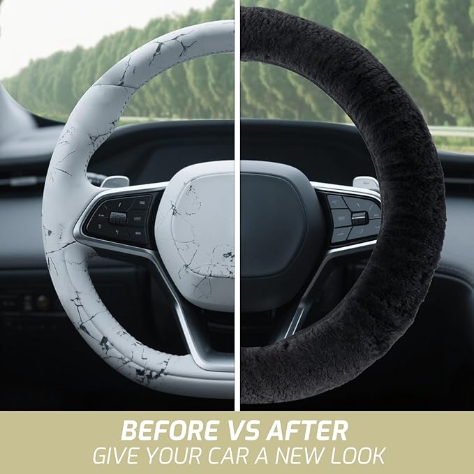 AEGIS Cover Sheepskin Steering Wheel Cover Premium Luxury AUS Genuine Merino Wool All-Season Non-Slip for Cars Fits 14.5-15.5" Wheels (Black)