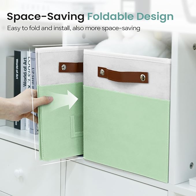 FinishingBo 6-Pack Storage Cubes with Handles & Label Holders Basket, Closet Cube Home Organizer Bins(White/Green, 10.5*10.5*
