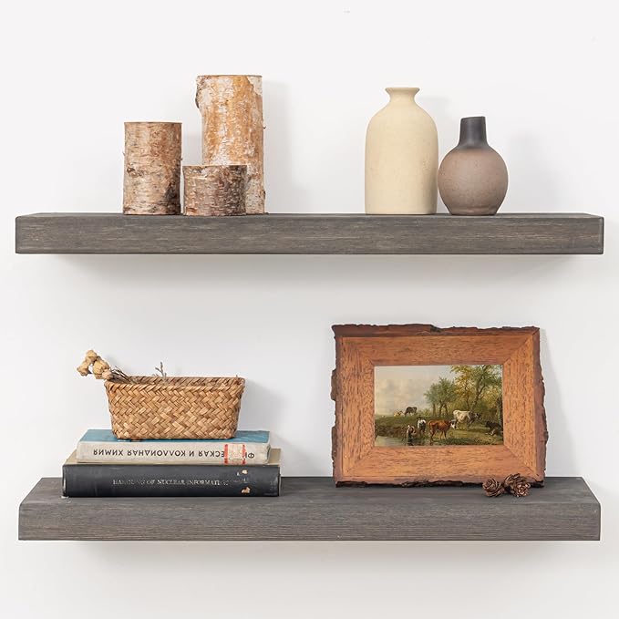 Marsmiles Wood Floating Shelves for Wall - 24 Inch Grey Wood Floating Shelves Set of 2-24 Inch Wide x 7.7 Inch Deep x 1.6 Inc