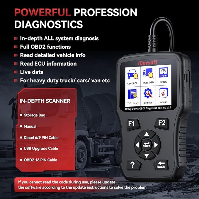 iCarsoft Heavy Duty Truck Scanner HD V3.0 All System Diesel Diagnostic Scan Tool Battery Test Code Reader for Freightliner,