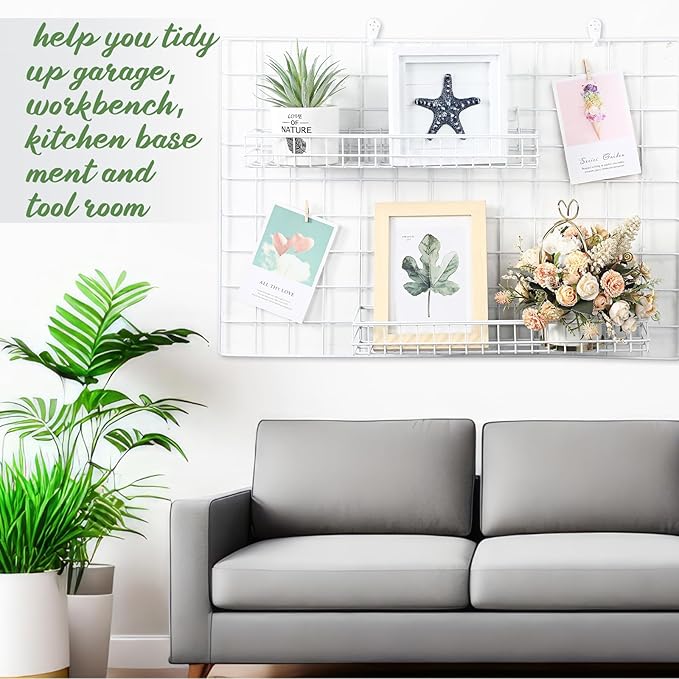 Blulu 4 Pcs 15.75 x 3.94 x 1.97 Inch Metal Grid Wall Baskets with Hooks Grid Wall Shelves Hanging Wire Basket Multi Function 