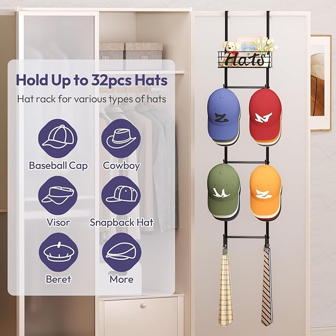 SWTYMIKI Over Door Hat Organizer - Wall Mounted Hat Rack with 6 Hooks and Metal Basket Design, Hanging Baseball Cap Organizer