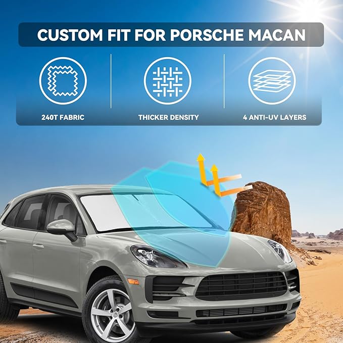 for Porsche Macan 2014-2024 2025 2026 Windshield Sun Shade - 4 Layers Car Sunshades for Front Windows Shade Cover Custom Fit Sun Visor 250T Retractable Shade Blocks UV Rays Car Accessories