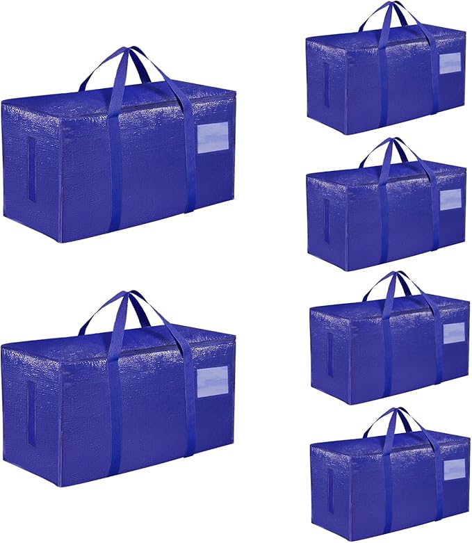 6 Pack-Extra Large Heavy Duty Moving Bags - Waterproof Storage Totes with Handles & Zippers, Foldable for College Dorm, Stora