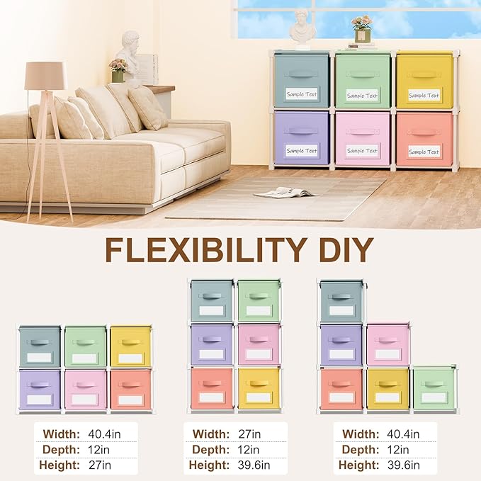 Geelin 6 Cube Toy Storage Organizer with Fabric Bins and Labels, 11 Inch Collapsible Colorful Cubby Storage Drawers Pastel Dr