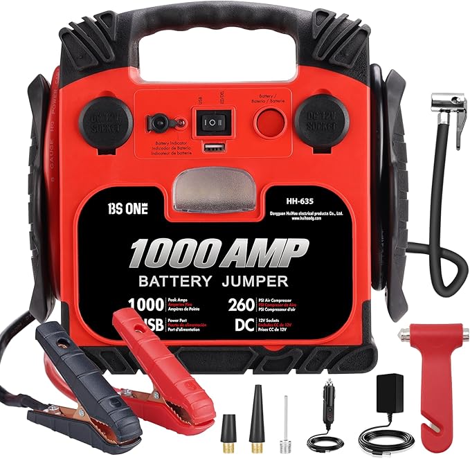 BS ONE 1000 Amp Peak Current Car Jump Stater, 12V Lead Acid Battey Jump Box with 260PSI Air Compressor, Jump Starter Battery