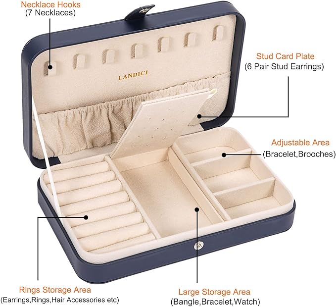 LANDICI Small Jewelry Box for Women Girls, PU Leather Travel Jewelry Case, Portable Jewelry Organizer Storage Holder Display 