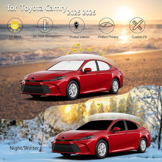 KMF 6pcs Thicken Sun Shades for 2025 2026 Toyota Camry Accessories,Full Car Window Covers Sunshade for Windshield Side Rear, UV Block Sun Visor and Privacy Blackout for Camping Outdoor