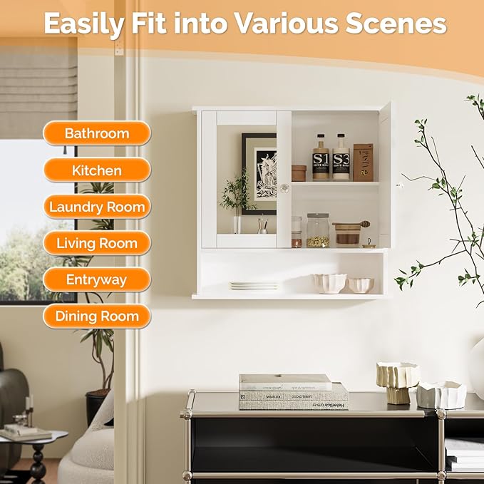 VINGLI Medicine Cabinet with Mirror, Wall Mounted Bathroom Cabinet with Open Shelf, 2-Door White Storage Organizer Over Toile