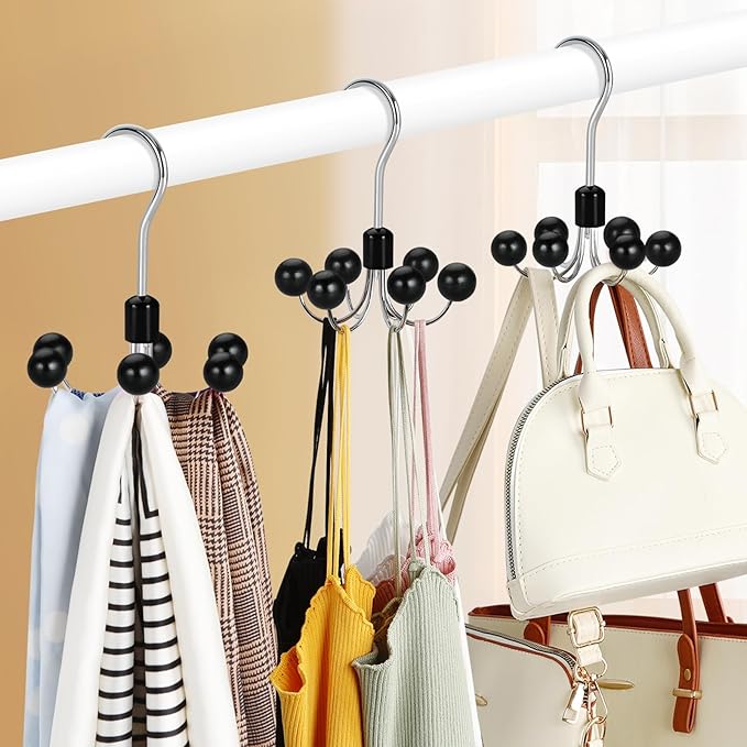 TOPIA HANGER Hoodie Hangers 4-Pack with 6 Wood Balls, 360°Swivel Purse Hanger, Scarf Hanger, Closet Hooks, Handbag Organizer,