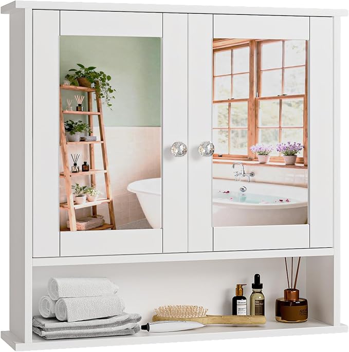 VINGLI Medicine Cabinet with Mirror, Wall Mounted Bathroom Cabinet with Open Shelf, 2-Door White Storage Organizer Over Toile