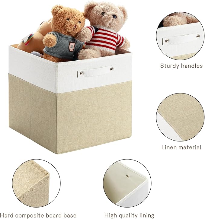 FinishingBo 13 x 13 Inch Fine Linen Storage Bins with Handles，Fabric Cube Boxs，Basket Organizers for Shelves for Home, Closet