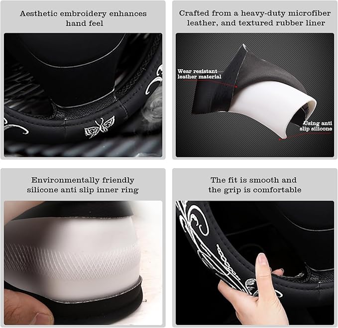 Car Leather Steering Wheel Cover - Panapi Material, Universal 14.5-15 Inch Leather Anti-Slip Breathable Auto Steering Wheel C