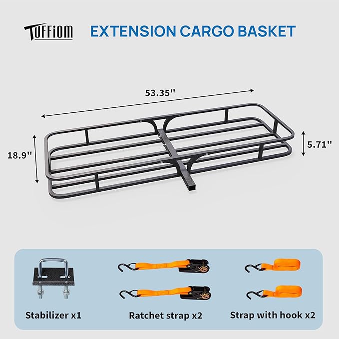 TUFFIOM 54"x19"x5.5" Hitch Mount Cargo Carrier Basket, 500lbs Steel Car Cargo Trailer Hitch Luggage Rack with Straps & Stabilizer for SUV Car Truck Van with 2" Hitch Receiver