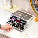 ProCase Earring Holder Organizer Jewelry Box with 3 Drawers, Acrylic Clear Earring Case with Adjustable Velvet Trays for Wome