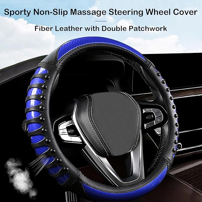 3D Massage Blue Carbon Fiber Leather Steering Wheel Cover, 14.5-15 Inch Non-Slip Breathable Microfiber Car Steering Wheel Pro
