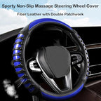 3D Massage Blue Carbon Fiber Leather Steering Wheel Cover, 14.5-15 Inch Non-Slip Breathable Microfiber Car Steering Wheel Pro
