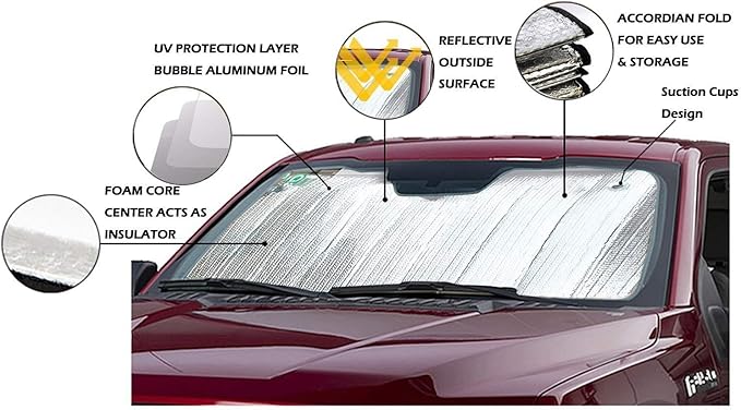 Big Hippo Windshield Sun Shade,Car Sun Shade Side Window as Bonus,Car Sunshade Windshield,Reflect Sunlight Heat and UV Rays, Protect Interior,Keep Vehicle Cool,Silver/Blue(55.16X 27.5inches)