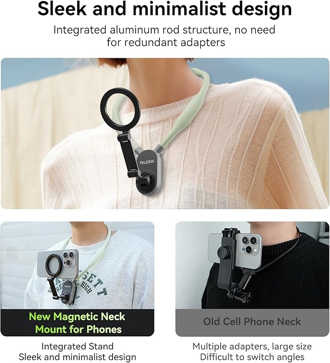 TELESIN Magnetic Neck Mount for Phones, Cell Phone Holder Stand Hanging on Neck POV/Vlog Selfie Hand Free Necklace Phone Strap Video Recording for iPhone 16 15 14 13 12 Seires Android Phones (Green)
