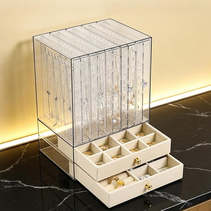 Greenfeather Jewelry Organizer with 7 Removable Drawers, Clear Acrylic Jewelry Box with 40 Necklace Hooks, 120 Pairs of Earri