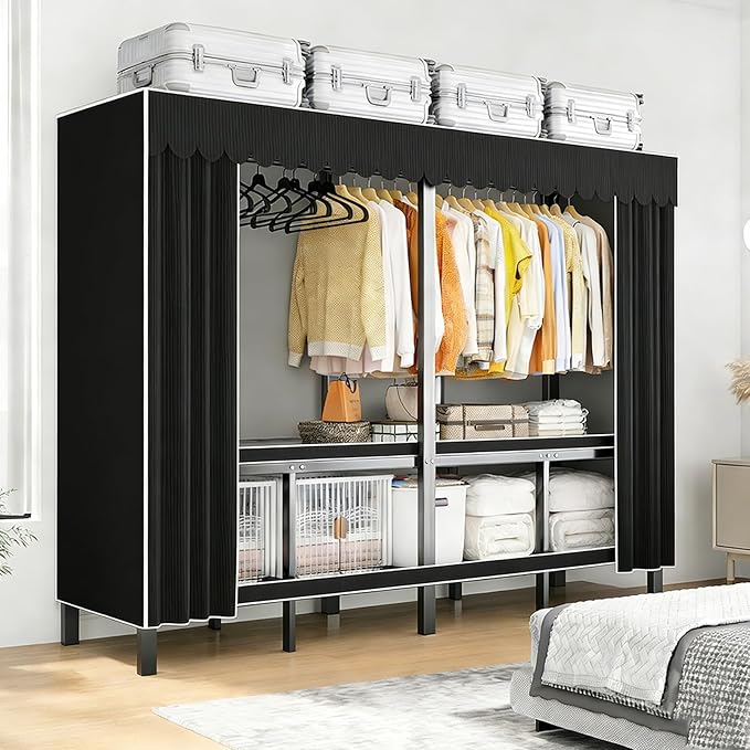 59.1in Foldable Portable Wardrobe ClosetS for Hanging Clothes Heavy Duty Garment Rack with Cover Folding Metal Clothing Racks