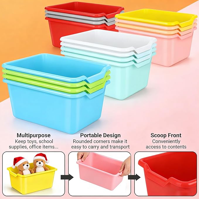 WUWEOT 16 Pack Cubby Bins Classroom Toys Bins, Plastic Books Storage Bins, Easy-to-Grip Stackable Crafts Organizer for Classr