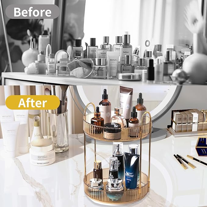 Asayuee 360 Rotating Gold Makeup Organizer,2 Tier Large Capacity Rotating Makeup Organizer,SkincarePerfume Organizer,Bathroom