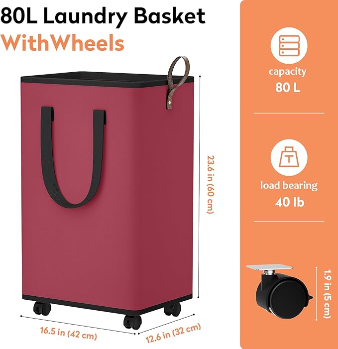 SpaceTrove Laundry Basket with Wheels, Collapsible Laundry Baskets, Laundry Hamper with Handles Detachable Wheels, Rolling La