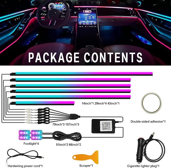Dreamcolor Acrylic Interior Car Light 10 in 1 Automotive Ambient Light Kits with APP Control 16 Million Color 175 inches Fiber Optic Car LED Strip Light, RGB Music Sync Neon Light Kits