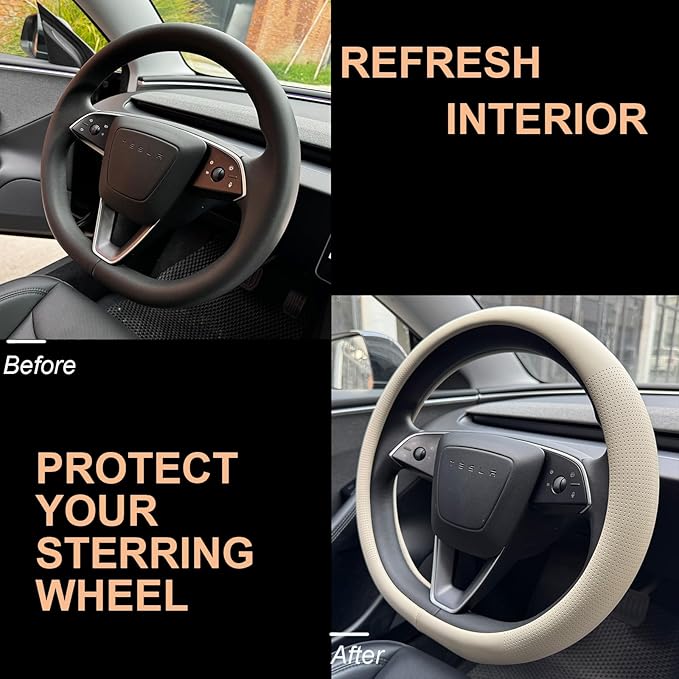 PINCTROT Nappa Leather Steering Wheel Cover for Tesla Model Y/3 Highland/Juniper, D Shaped 14 Inch Small Sized with Breathabl