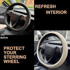 PINCTROT Nappa Leather Steering Wheel Cover for Tesla Model Y/3 Highland/Juniper, D Shaped 14 Inch Small Sized with Breathabl