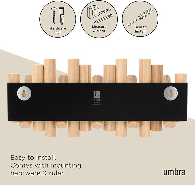 Umbra Picket Coat Rack Wall Mount – 5 Flip-Down Wood Coat Hooks, Modern & Functional Storage, Easy Install Wall Hooks, Natura