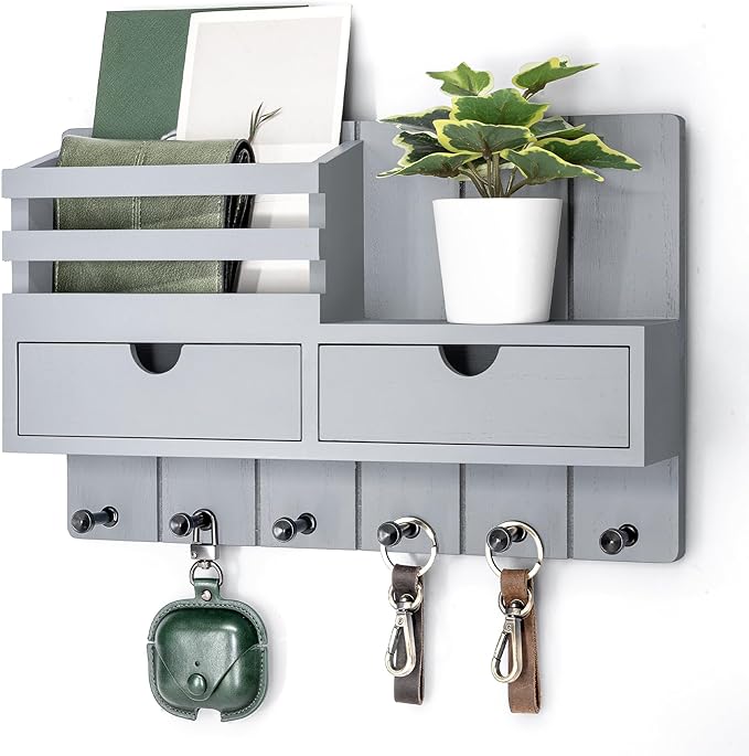 Rebee Vision Decorative Key Holder Wall Mount for Aesthetic Room Decor - Stylish Mail Holder for Wall with 2 Drawer Organizer