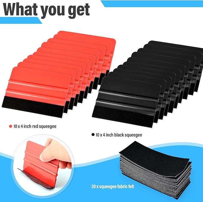 Gomake 20 Pack Vinyl Squeegee with 20PCS Felt Fabric for Tint Film Decal Application Tool Vinyl Wrap Installation Wallpaper Smooth Tool (Black and Red, 20)