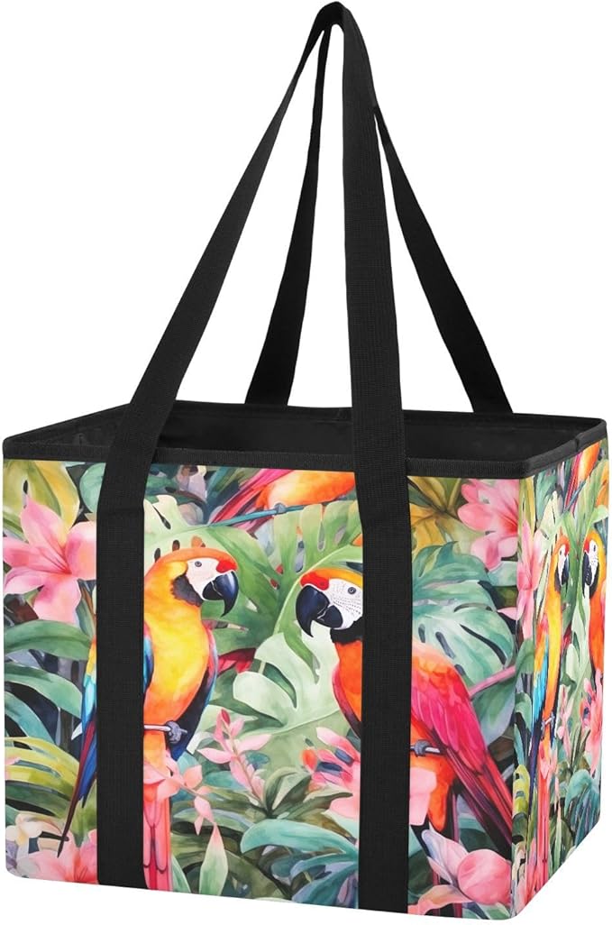 Colorful Parrot Birds Reusable Grocery Bags Large Shopping Tote Bag with Reinforced Bottom Board, Water Resistant Foldable St